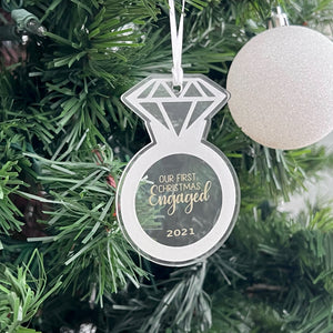 alt="engaged or married clear acrylic ornament"