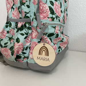 backpack wooden tag