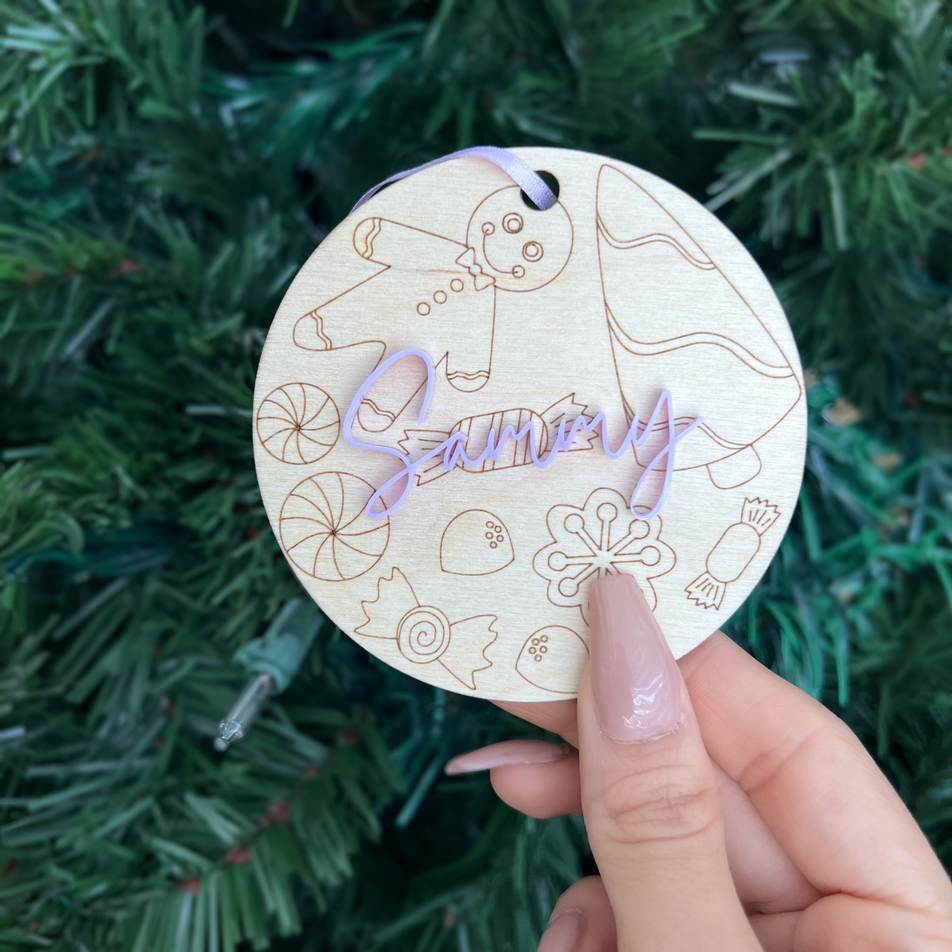 alt="wood engraved  acrylic personalized Christmas tags"