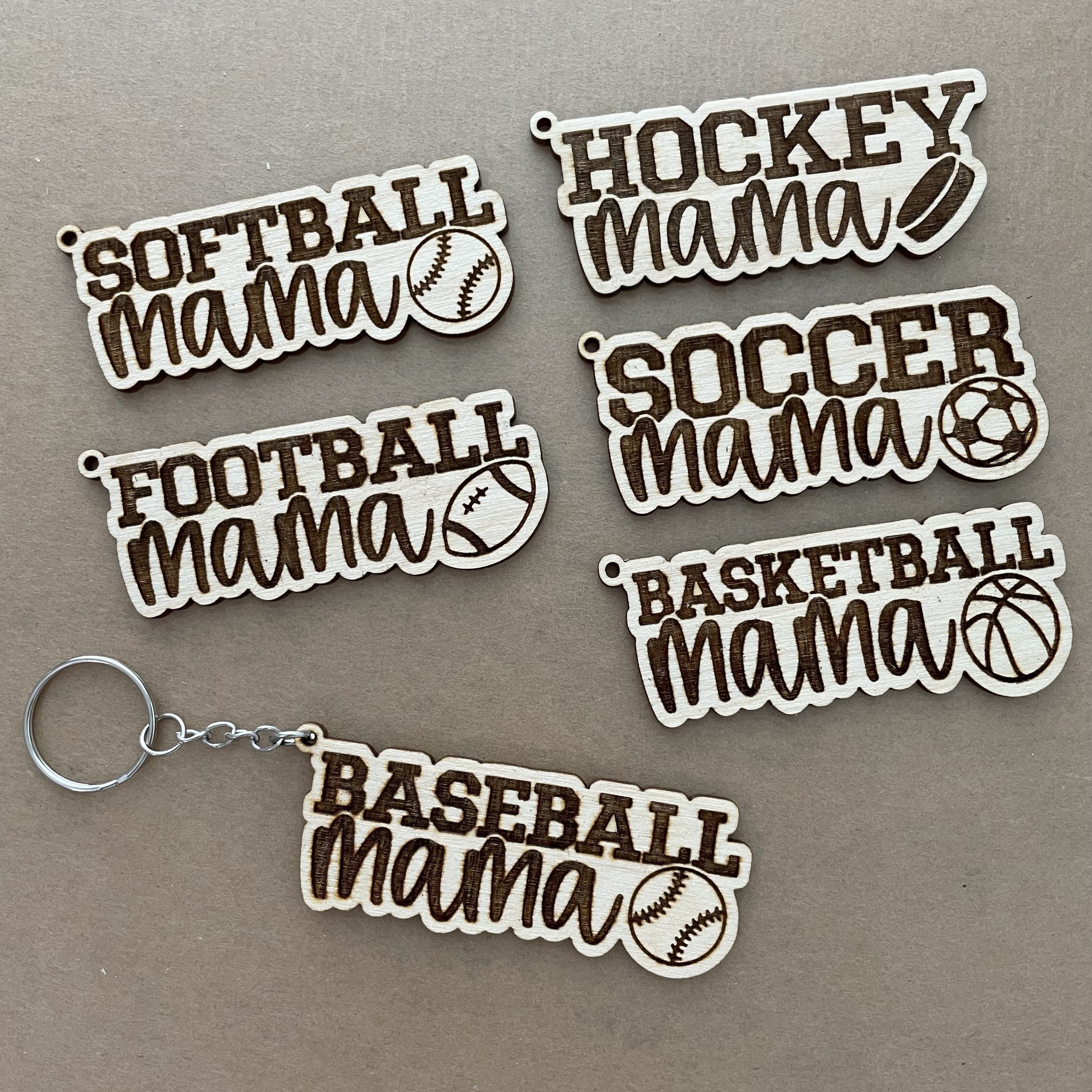 softball hockey football baseball basketball  mama wood keychain